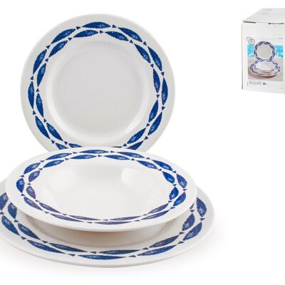 Table Service 18 pieces Sea Life in decorated eartè nware. Consisting of: 6 flat plates 27.5x2.5 h cm; 6 soup plates cm 23x4 h; 6 Fruit plates cm 21.5x2 h
