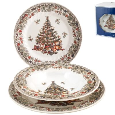 Servizio Tavola 18 pezzi Seasons Greetings in eartè nware decorato. Composto da: 6 Piatti piani cm 25,5x2,6 h; 6 Piatti fondi cm 22x3 h; 6 Piatti frutta cm 20,5x2 h