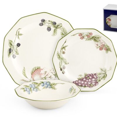 Table Service 18 pieces Victorian Orchard in decorated eartè nware. Consisting of: 6 flat plates 27x3x27 cm; 6 soup plates cm 21x5x21; 6 Fruit plates 20.5x2.5x20.5 cm