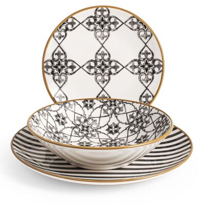 Palmaria table service 18 pieces in decorated stone ware. Consisting of 6 flat plates 26 cm, 6 soup plates 20.5 cm, 6 fruit plates 0 cm2.