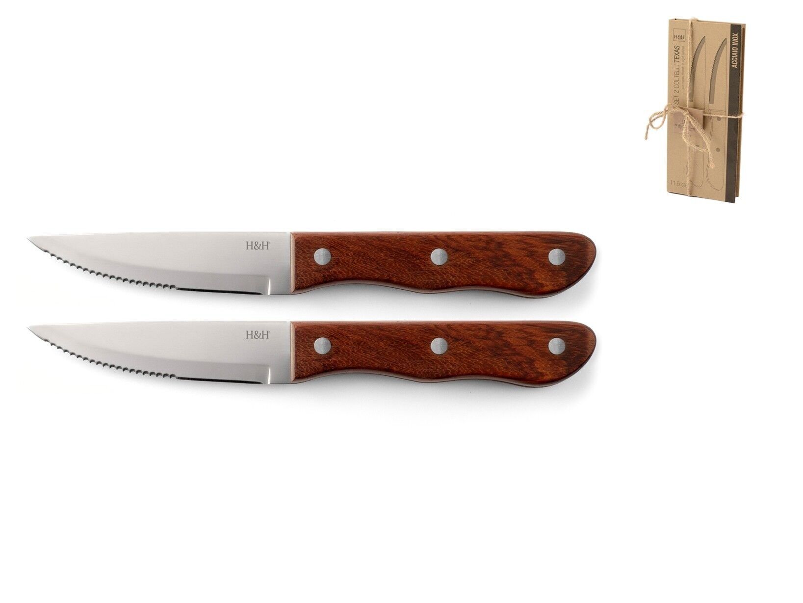 2er-Set Texas-Messer mit Edelstahlklinge mit Wellenschliff und genietetem Griff aus Naturholz. Basismesser misst 3 cm, Höhe 2 cm, Tiefe 25 cm. Gewicht 0,130 gr.