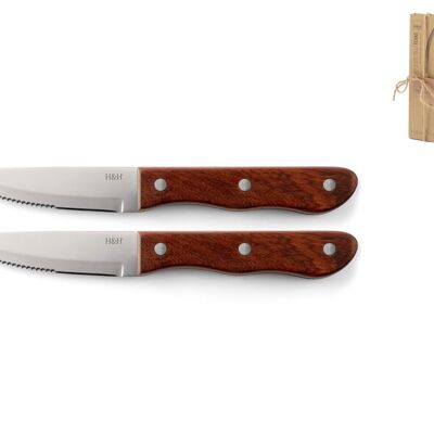 Set de 2 couteaux Texas avec lame en acier inoxydable à pointe dentelée et manche riveté en bois naturel. Le couteau de base mesure 3 cm, hauteur 2 cm, profondeur 25 cm. Poids 0,130 gr.