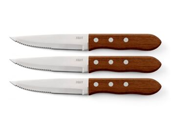 Ensemble de 3 couteaux Arizona avec lame en acier inoxydable à pointe dentelée et manche riveté en bois naturel. Le couteau de base mesure 2 cm, hauteur 1,5 cm, profondeur 21 cm. Poids 0,045 gr. 6