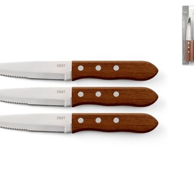 Set 3 coltelli Arizona con lama in acciaio inox con punta seghettata e manico rivettato in legno naturale. Misure del coltello base 2cm, altezza 1,5 cm ,profondità 21 cm. Peso 0,045 gr.