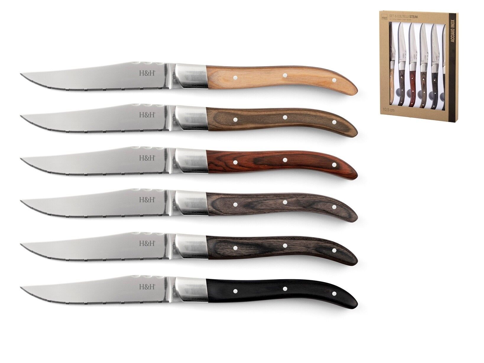 6er-Set Steakmesser mit gezahnter Edelstahlklinge und genietetem Griff aus Naturholz. Das Basismesser misst 2 cm, Höhe 1,5 cm, Tiefe 22,5 cm. Gewicht 0,090 gr.