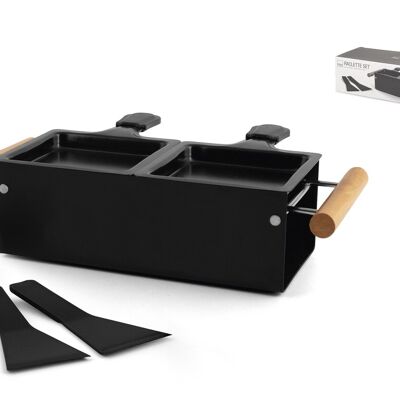 Non-stick 2-seater raclette and fondue set. The set includes a base for pans and candles, 2 non-stick pans with wooden handles, 2 nylon bowls. Use tealights with a maximum diameter of 3.7 cm, not included in the composition.