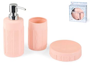 Set de salle de bain 3 pièces: Distributeur de savon cm 7X18X7 0,235KG; Porte-savon cm 11X3X11 0,185KG; Verre cm 7X11X7 0,19KG 4