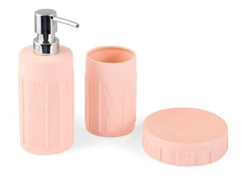 Set de salle de bain 3 pièces: Distributeur de savon cm 7X18X7 0,235KG; Porte-savon cm 11X3X11 0,185KG; Verre cm 7X11X7 0,19KG 6