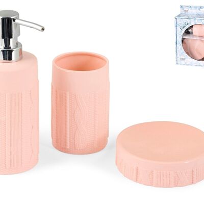 3-piece Bathroom Set: Soap dispenser cm 7X18X7 0,235KG; Soap dish cm 11X3X11 0,185KG; Glass cm 7X11X7 0,19KG