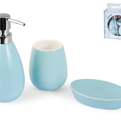 Set de salle de bain 3 pièces: Distributeur de savon cm 8X18X8 0,185KG; Porte-savon cm 12X3X8 0,135KG; Verre cm 7X9X7 0,200KG