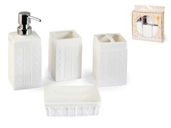 Set de salle de bain 4 pièces: Distributeur de savon cm 7X19X7 0,32KG; Porte-savon cm 12X4X8 0,16KG; B VERRE cm 7X12X7 0,275; Porte-brosse à dents cm 7X12X7 0,23 4