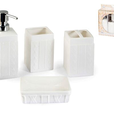 4-piece Bathroom Set: Soap dispenser cm 7X19X7 0,32KG; Soap dish cm 12X4X8 0,16KG; B GLASS cm 7X12X7 0,275; Toothbrush holder cm 7X12X7 0,23