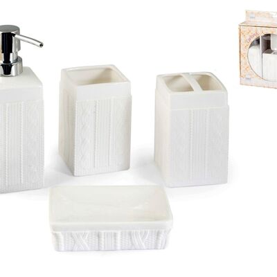Set Bagno 4 pezzi: Dosasapone cm 7X19X7 0,32KG; Portasapone cm 12X4X8 0,16KG;B CCHIERE cm 7X12X7 0,275; Portaspazzolino cm 7X12X7 0,23