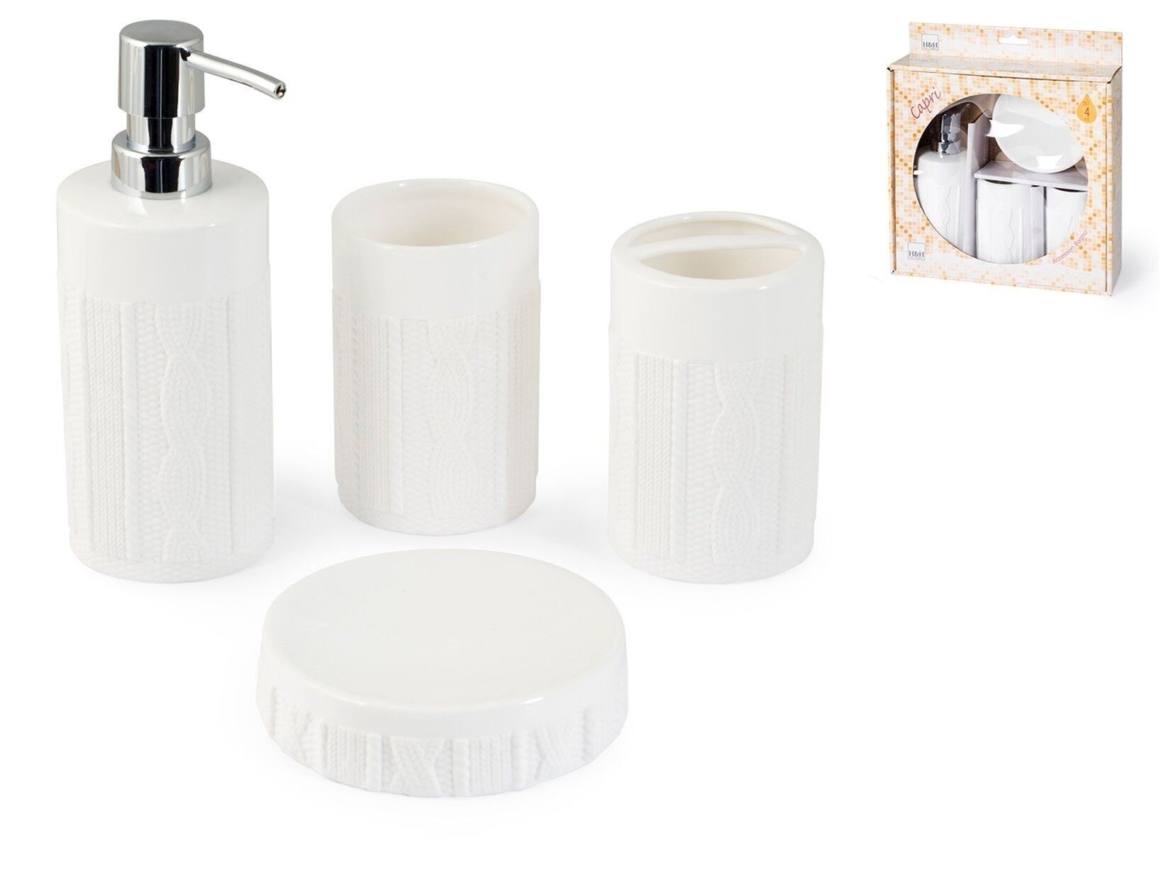 Set Bagno 4 pezzi: Dosasapone cm 8X19X8 0,28KG; Portasapone cm 12X3X12 0,18KG;B CCHIERE cm 8X11X8 0,20; Portaspazzolino cm 7X11X7 0,19