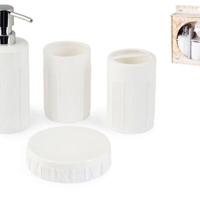 Set de salle de bain 4 pièces: Distributeur de savon cm 8X19X8 0,28KG; Porte-savon cm 12X3X12 0,18KG; B VERRE cm 8X11X8 0,20; Porte-brosse à dents cm 7X11X7 0,19