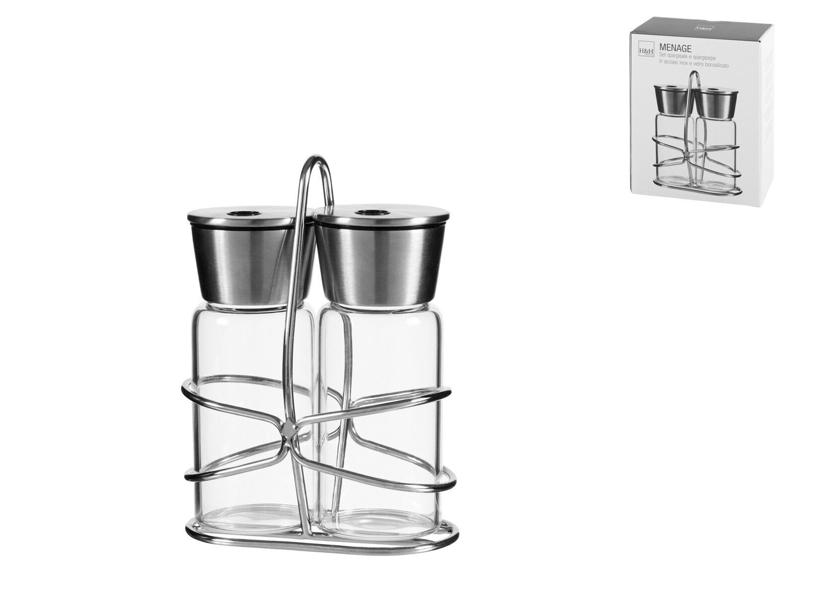 Salt and pepper shaker set in stainless steel and borosilicate glass with stand.