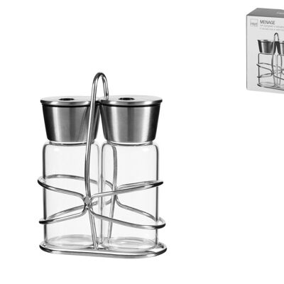 Salt and pepper shaker set in stainless steel and borosilicate glass with stand.