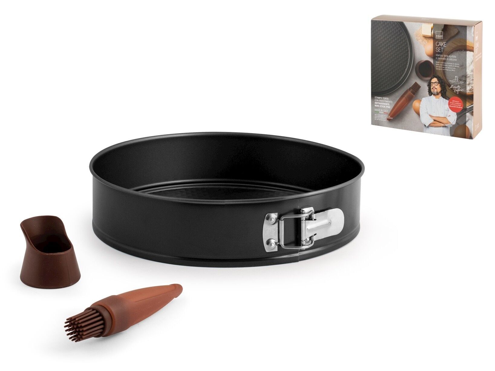 Borghese Kuchenform-Set mit Antihaftbeschichtung und Silikonbürste. Set bestehend aus einer aufklappbaren Kuchenform 26 cm und einer Silikonbürste 16 cm, maximal 230 Grad. Alessandro Borghese - Der Luxus der Einfachheit