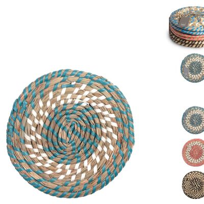 Seagrass trivet in round straw decorated in assorted colors 20 cm