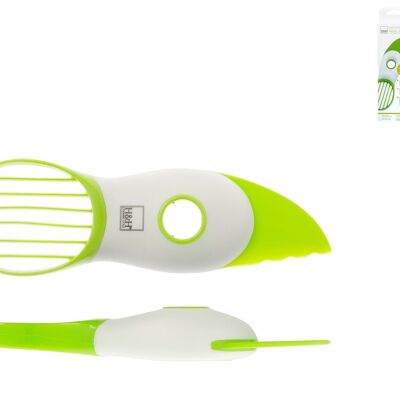 Avocado cutter in white and green polypropylene. Triple function cuts the fruit, pits, slices and portions.