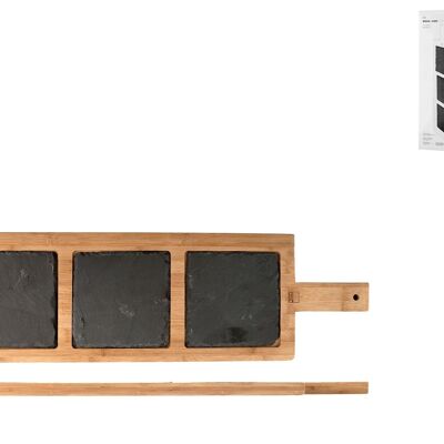 Chopping board 1 handle Slate & Bamboo 20x66 cm. Consisting of: 3 square plates in slate cm 15x0.5; 1 bamboo base 20x66 cm