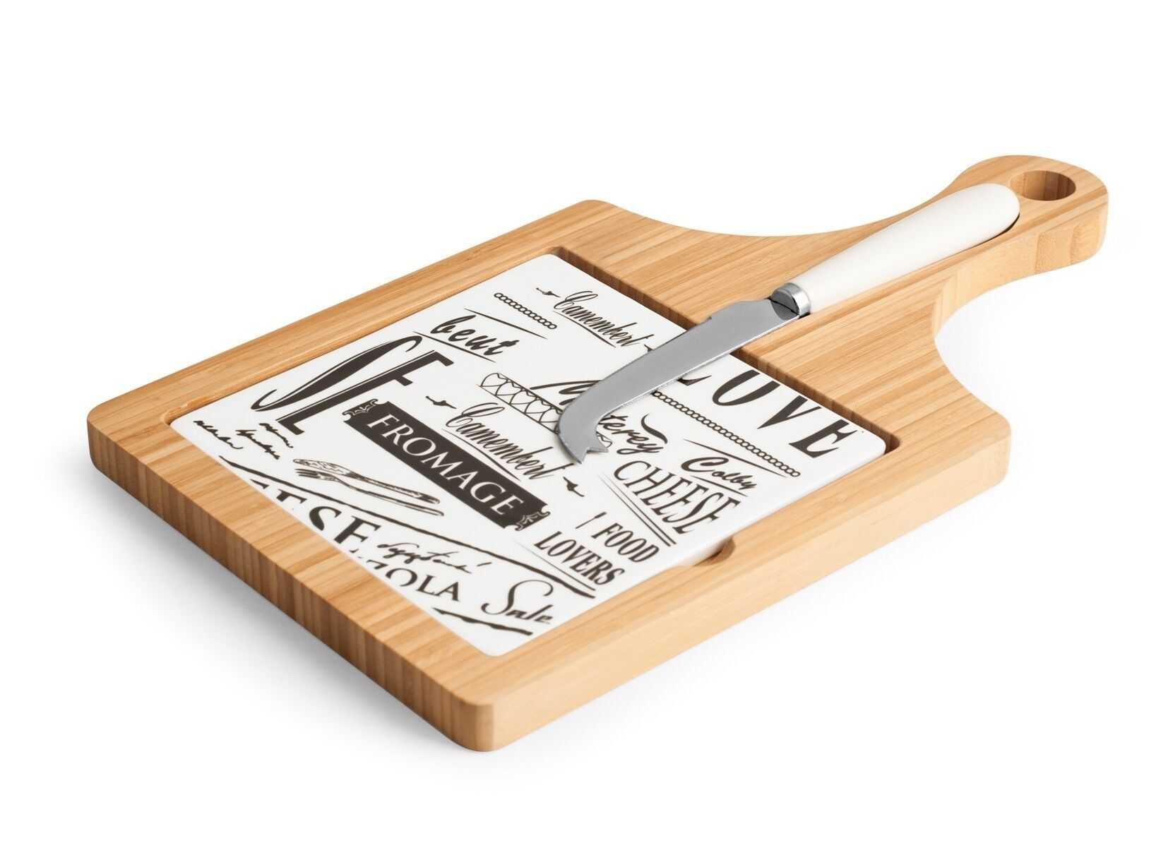 Tagliere 3 pezzi per formaggi in legno cm 19x34. Composto da: 1 coltello lama ricurva 20x2,5x2cm, 1 Piattoceramica removibile 15x15cm