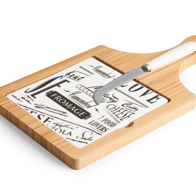Tabla de quesos de madera de 3 piezas 19x34 cm. Compuesto por: 1 cuchillo de hoja curva 20x2,5x2cm, 1 plato de cerámica extraíble 15x15cm