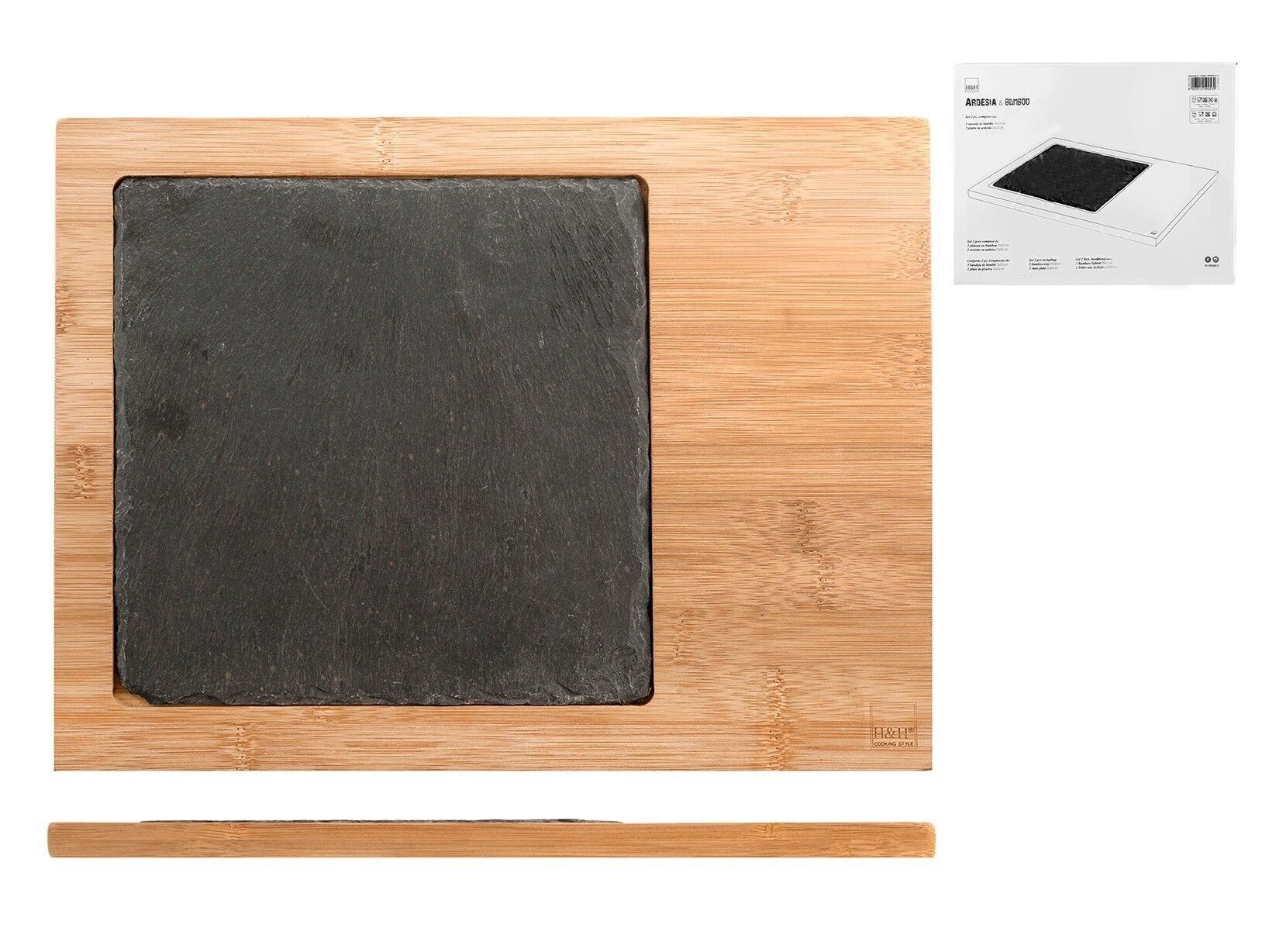 Tagliere Ardesia&amp;Bamboo cm 25x33. Composto da: 1 Piatto quadro in ardesia cm 18x0,5 h; 1 base in bamboo cm 25x33