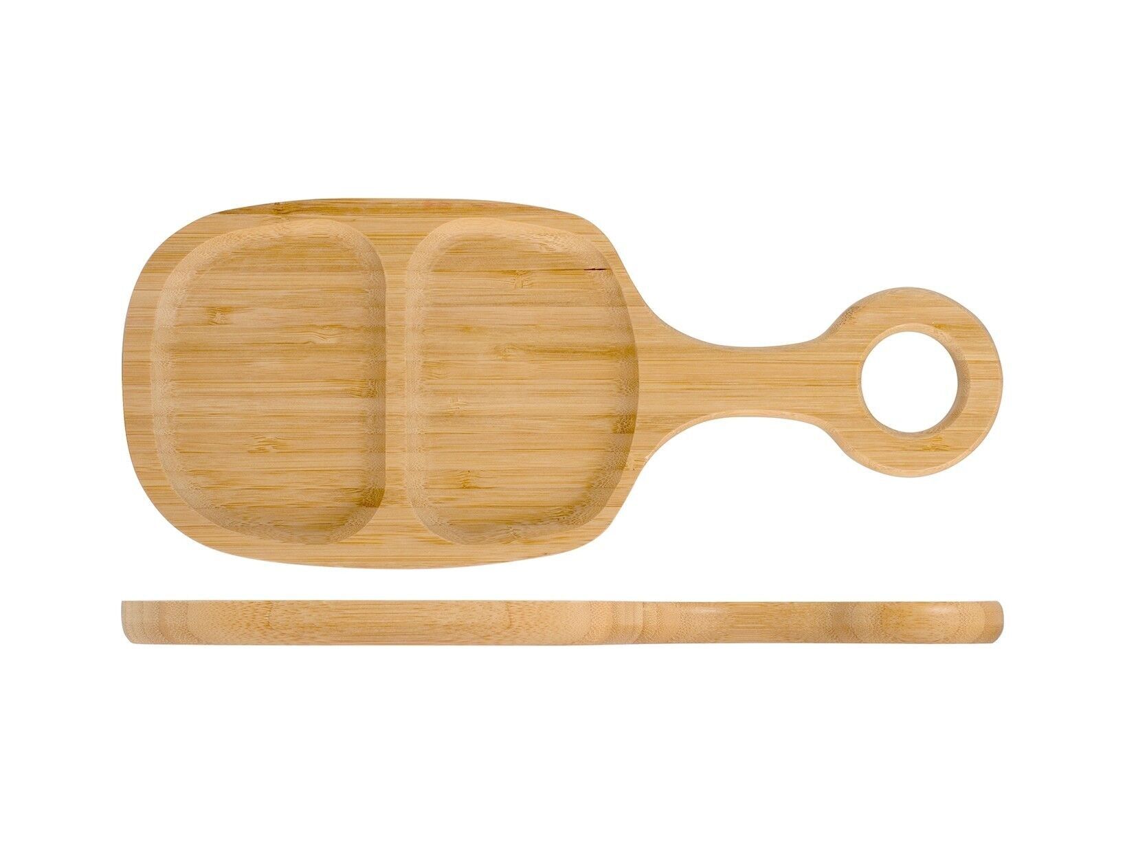 Tagliere bambù con manico a due scomparti per aperitivo forma ovale cm 33x14 .Utilizzare con cibi a temperatura ambiente. Lavare dopo ogni uso con acqua calda sapone neutro e spugna morbida. Asciugare con panno pulito