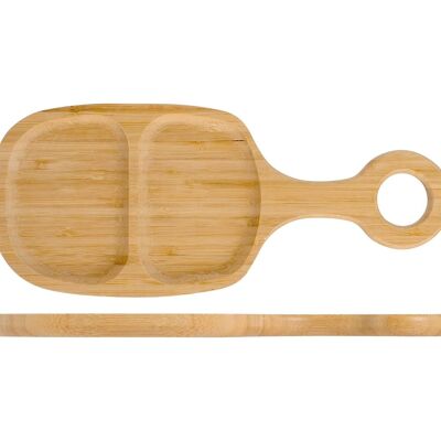 Bamboo cutting board with two-compartment handle for oval aperitif 33x14 cm. Use with food at room temperature. Wash after each use with warm water, mild soap and a soft sponge. Dry with a clean cloth