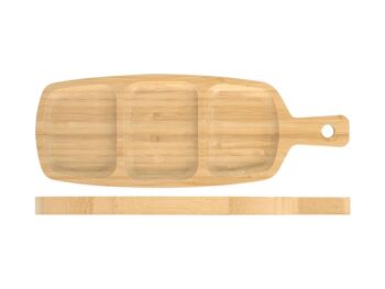 Planche à découper en bambou avec manche à trois compartiments de forme ovale pour l'apéritif 28x10 cm.Utiliser avec des aliments à température ambiante. Laver après chaque utilisation avec de l'eau tiède, un savon doux et une éponge douce. Sécher avec un chiffon propre 2