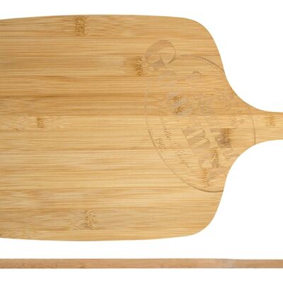 Bamboo cutting board with handle 40x25 cm. Use with food at room temperature. Wash after each use with warm water, mild soap and a soft sponge. Dry with a clean cloth