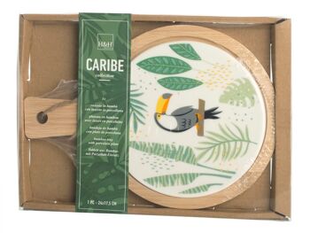 Planche à découper Caribe en porcelaine ronde décorée, base en bambou avec poignée 5
