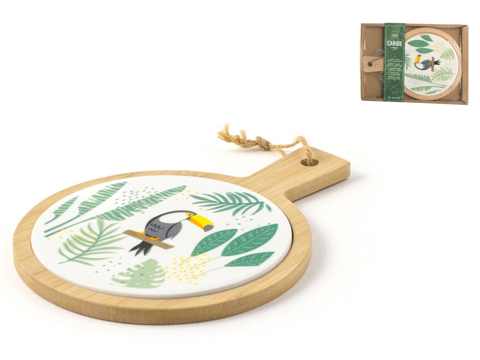 Caribe Schneidebrett aus rundem dekoriertem Porzellan, Bambusbasis mit Griff