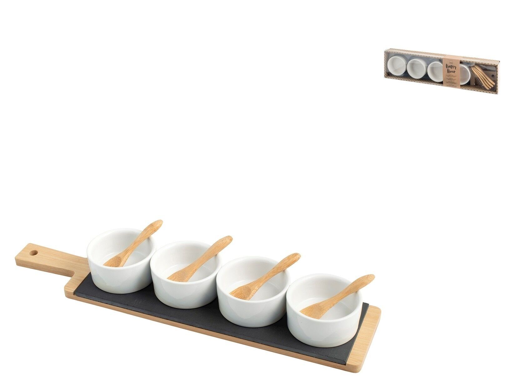 Tagliere Happy Hour in ardesia e bambu&#039; con 4 coppette e cucchiaini. Composto da: 1 Vassoio in bambù cm 40x9; 1 Piatto in ardesia cm 28x9;4 coppette in porcellana cm 7; 4 cucchiaini in bambù cm 9. Coppette idonne alla lavastoglie e microonde