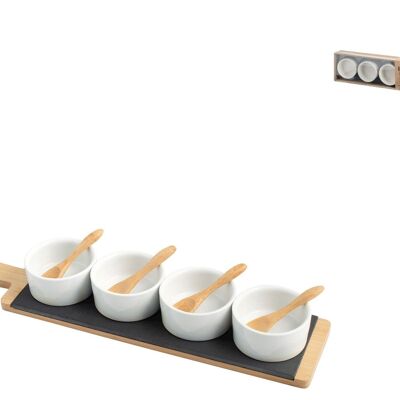 Planche à découper en ardoise et bambou Happy Hour avec 4 tasses et cuillères. Composé de : 1 plateau en bambou 40x9 cm ; 1 Assiette en ardoise 28x9 cm, 4 bols en porcelaine 7 cm; 4 cuillères à café en bambou de 9 cm Tasses adaptées au lave-vaisselle et au micro-ondes