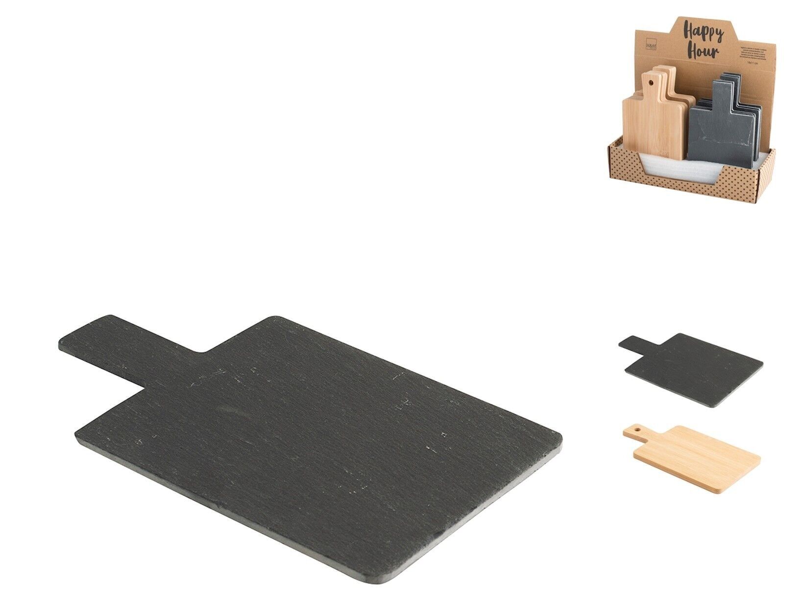 Tagliere in ardesia e bambù cm 11x19 . Composto da 6 taglieri in ardesia con piedini antiscivolo e 6 taglieri in bambù.