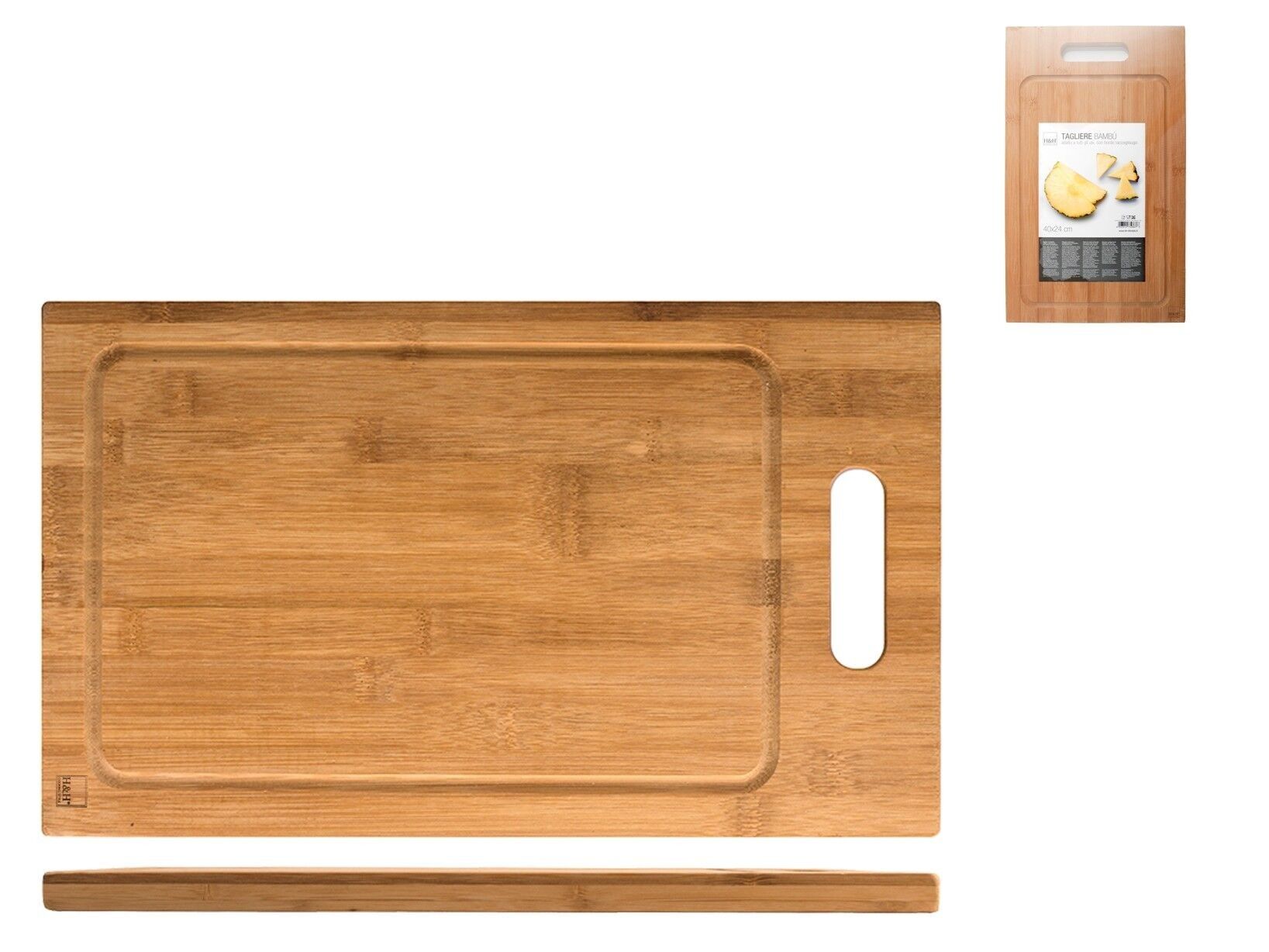 Tagliere rettangolare con bordo raccoglisucco in bambù cm 40x24