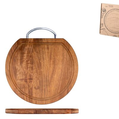 Rectangular cutting board in acacia wood with juice catcher edge and handle in chromed wire 36x24 cm