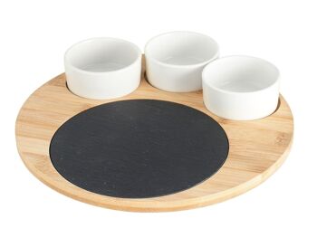Planche à découper Sushi Box en ardoise et bambou avec 3 bols en porcelaine. Composé de : 1 plateau en bambou 24 cm ; 1 Assiette en ardoise 15 cm ; 3 bols en porcelaine 7 cm. 4
