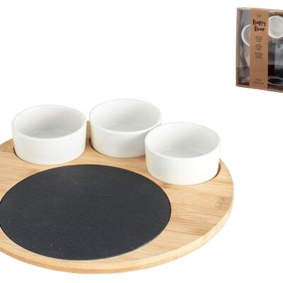 Planche à découper Sushi Box en ardoise et bambou avec 3 bols en porcelaine. Composé de : 1 plateau en bambou 24 cm ; 1 Assiette en ardoise 15 cm ; 3 bols en porcelaine 7 cm.