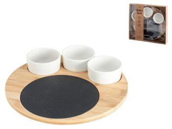 Planche à découper Sushi Box en ardoise et bambou avec 3 bols en porcelaine. Composé de : 1 plateau en bambou 24 cm ; 1 Assiette en ardoise 15 cm ; 3 bols en porcelaine 7 cm. 1