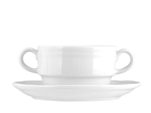 Tazza brodo impilabile 2 manici Alba in porcellana bianca con Piatto. Composta da: tazza brodo cm 14,5x10x6 h; Piatto cm 16x2,5 h