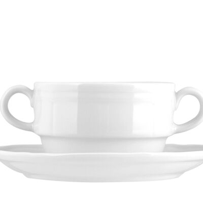 Bol à bouillon empilable en porcelaine blanche 2 anses Alba avec Assiette. Composé de : tasse à bouillon cm 14,5x10x6 h ; Assiette 16x2,5 cm h