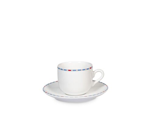 Tazza caffè Astrid in porcellana con Piatto cc 100. Composto da: 1 tazza cm 8x6x5 h; 1 Piatto cm 11,5x1,7 h