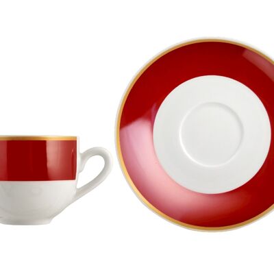 Taza de café con plato Ruby en porcelana, banda color rojo rubí con borde dorado cc 100.