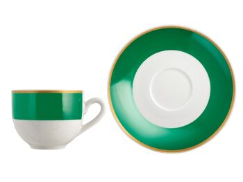 Tasse à café avec assiette émeraude en porcelaine à bande vert émeraude avec bordure dorée cc 100. 2