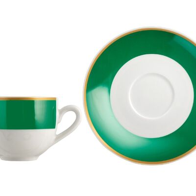 Taza de café con plato esmeralda en porcelana con banda verde esmeralda con borde dorado cc 100.