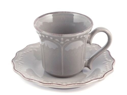 Tazza caffe Crowne in stoneware con Piatto grigio cc 110. Composto da: tazza caffè cm 9,5x7x6,5; Piatto cm 13x2,5x13