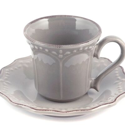 Tazza caffe Crowne in stoneware con Piatto grigio cc 110. Composto da: tazza caffè cm 9,5x7x6,5; Piatto cm 13x2,5x13